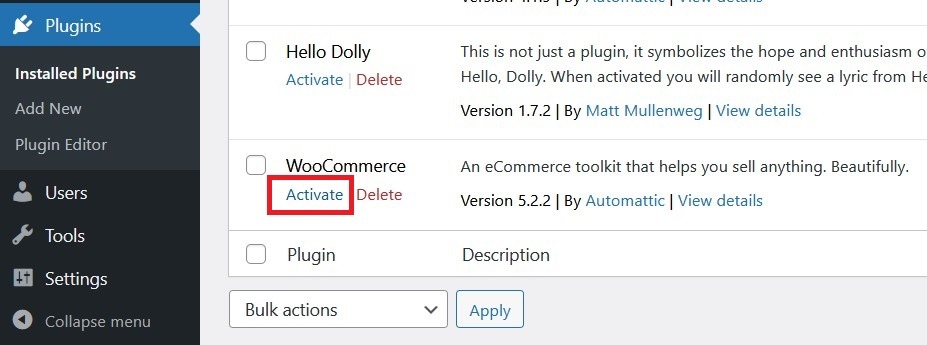 Activate WooCommerce Plugin