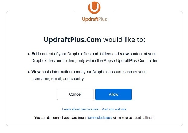 UpdraftPlus Backup Plugin Dropbox Permission