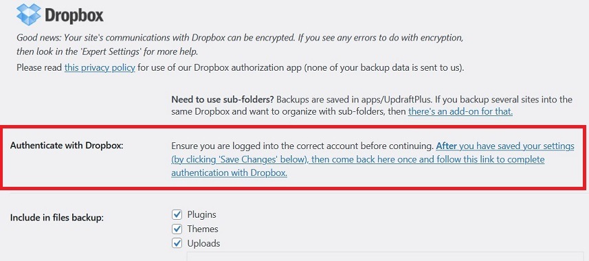 UpdraftPlus Backup Plugin Dropbox option