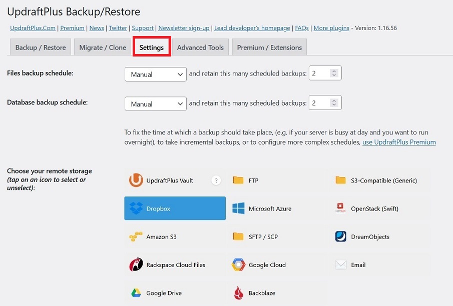 UpdraftPlus Backup Plugin Settings