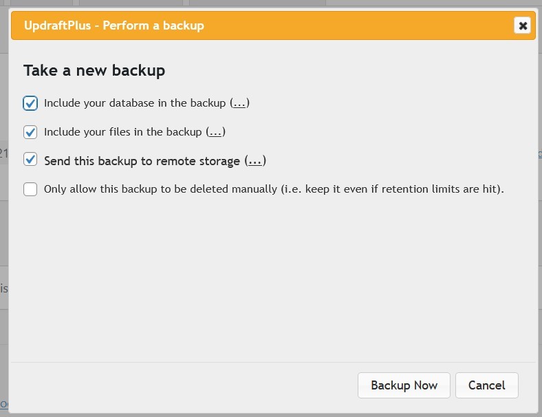 UpdraftPlus Manual Backup