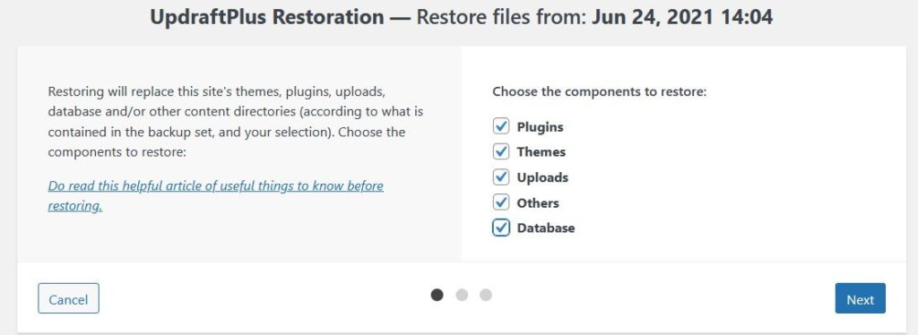 UpdraftPlus Restore